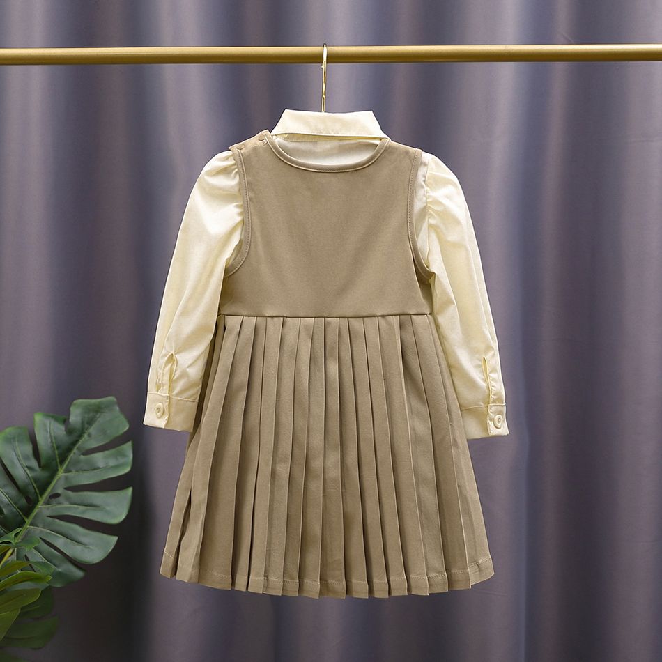2pcs Toddler Girl Preppy style Lapel Collar Shirt and Button Design Pleated Sleeveless Dress Set Khaki big image 4