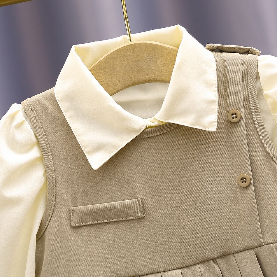 2pcs Toddler Girl Preppy style Lapel Collar Shirt and Button Design Pleated Sleeveless Dress Set Khaki big image 5
