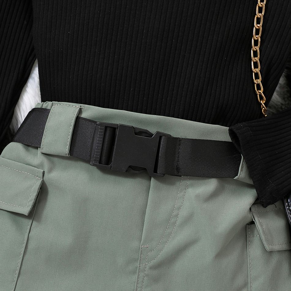 3pcs Toddler Girl Trendy Mock Neck Tee and Pocket Design and Belt Skirt Set Green big image 4