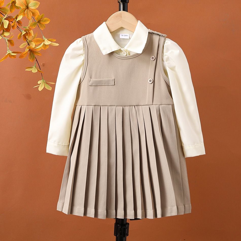 2pcs Toddler Girl Preppy style Lapel Collar Shirt and Button Design Pleated Sleeveless Dress Set Khaki big image 1