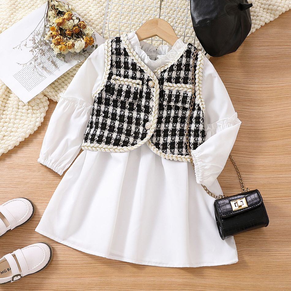 2pcs Toddler Girl Elegant Ruffle Collar White Dress and Tweed Plaid Vest Set White
