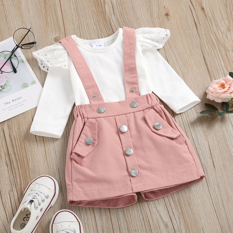 2pcs Baby Girl 100% Cotton Suspender Shorts and Ruffle Long-sleeve Romper Set Pink big image 3