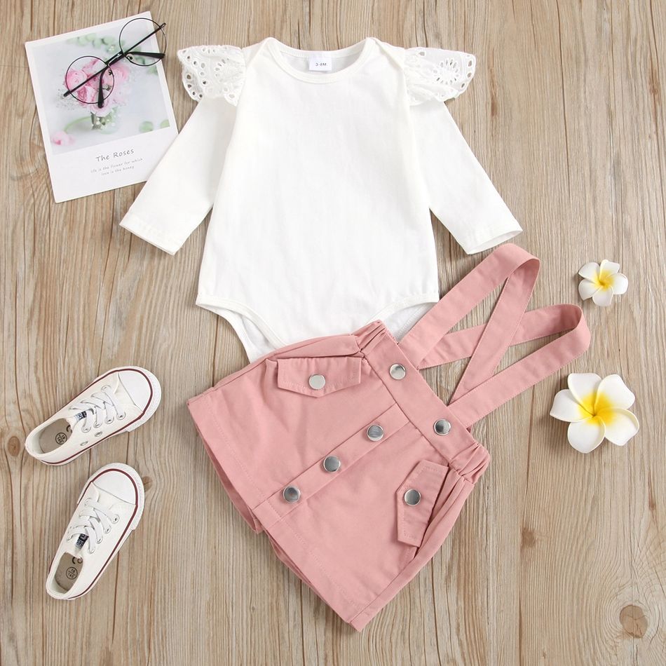 2pcs Baby Girl 100% Cotton Suspender Shorts and Ruffle Long-sleeve Romper Set Pink big image 1
