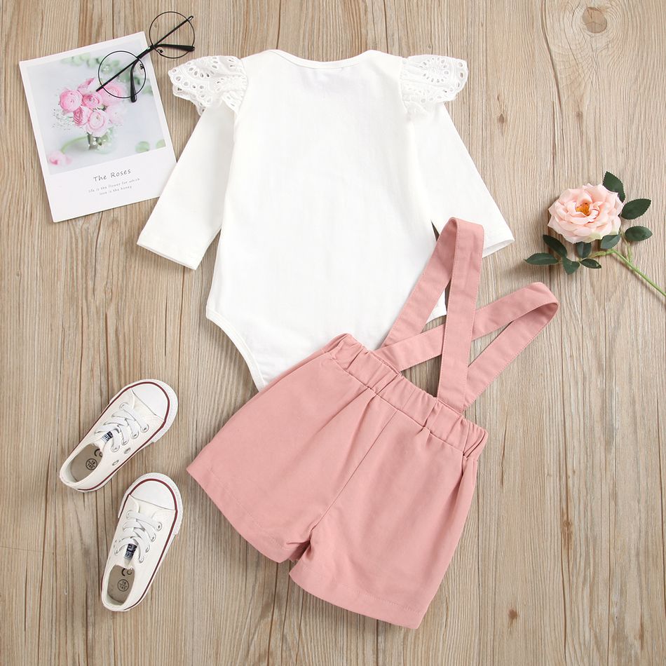 2pcs Baby Girl 100% Cotton Suspender Shorts and Ruffle Long-sleeve Romper Set Pink big image 2