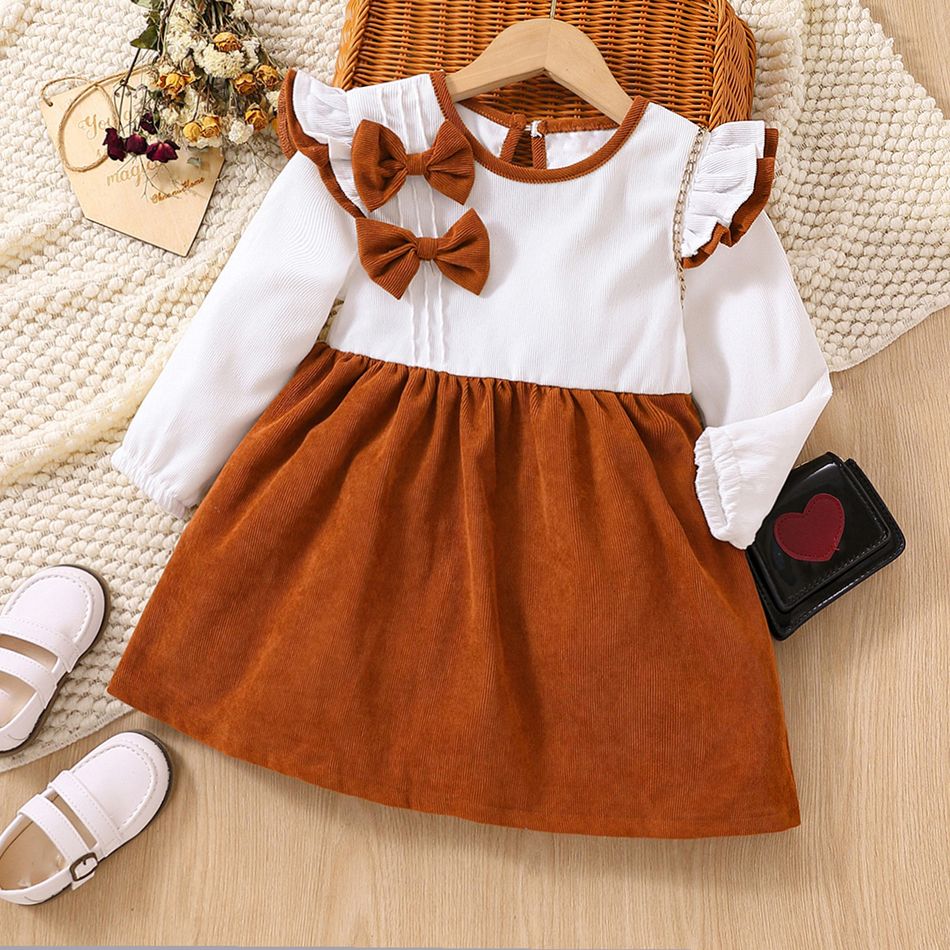 Toddler Girl Sweet Bowknot Design Colorblock Corduroy Dress Brown big image 1