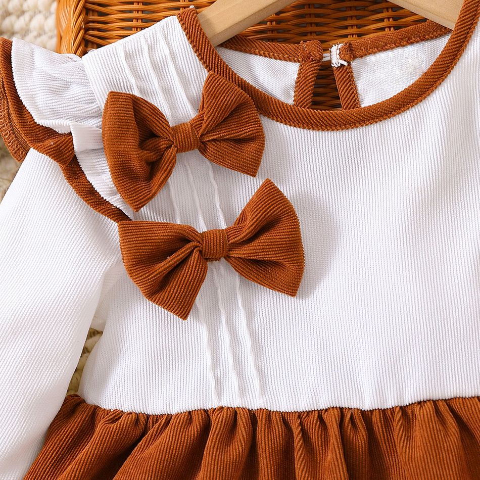 Toddler Girl Sweet Bowknot Design Colorblock Corduroy Dress Brown big image 2