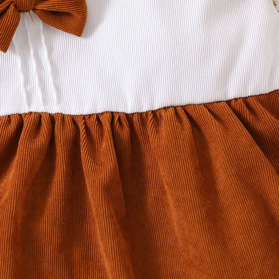 Toddler Girl Sweet Bowknot Design Colorblock Corduroy Dress Brown big image 4