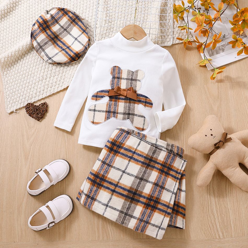 3pcs Toddler Girl Playful Plaid Beret & Mock Neck Bear Embroidered Tee and Irregular Skirt Set White
