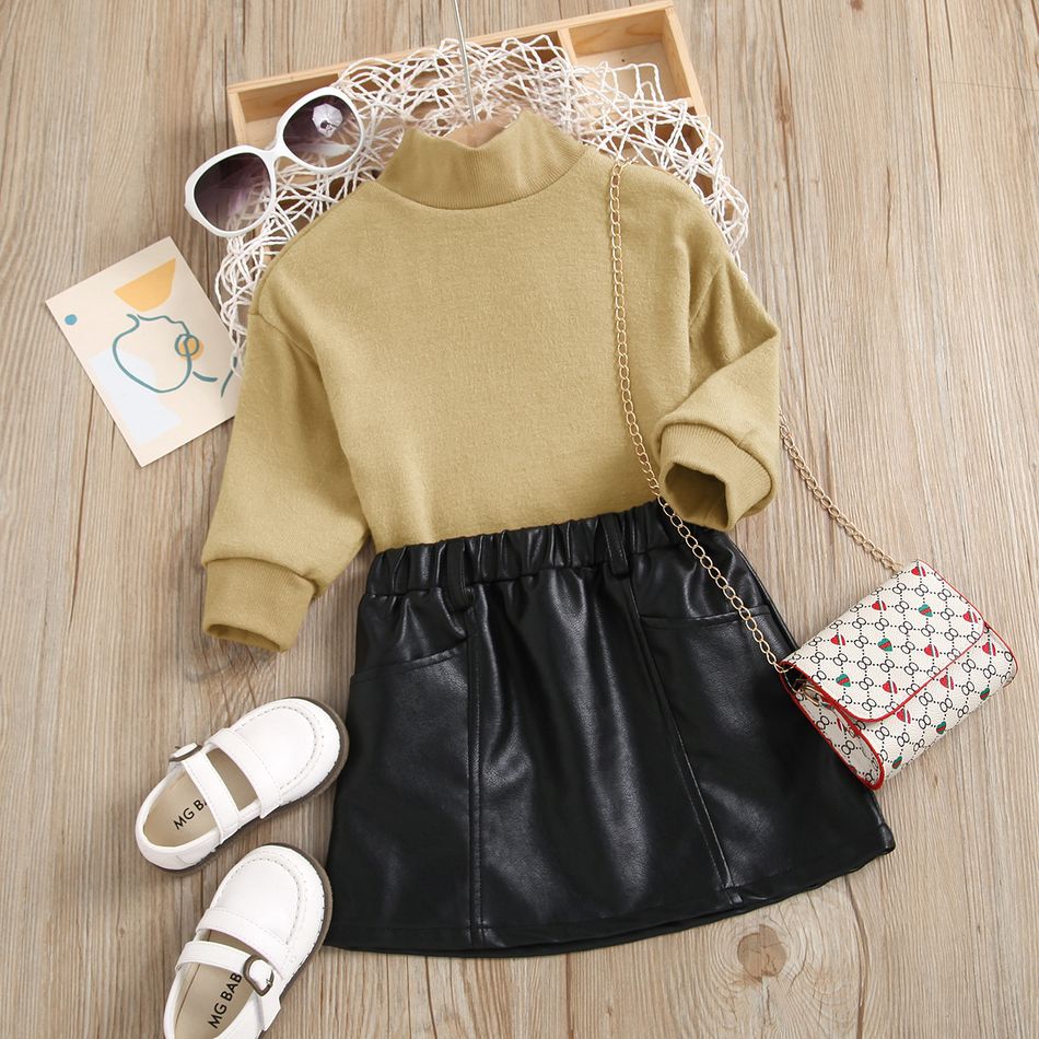 2pcs Toddler Girl Trendy Turtleneck Sweater and Faux Leather PU Skirt Set Brown big image 1