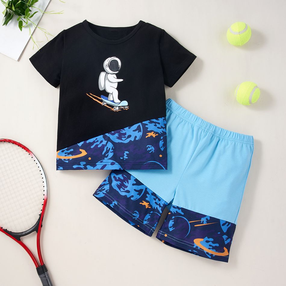 Trendy Kid Boy Astronaut Space Print Colorblock 2-piece Sporty Casual Set Black