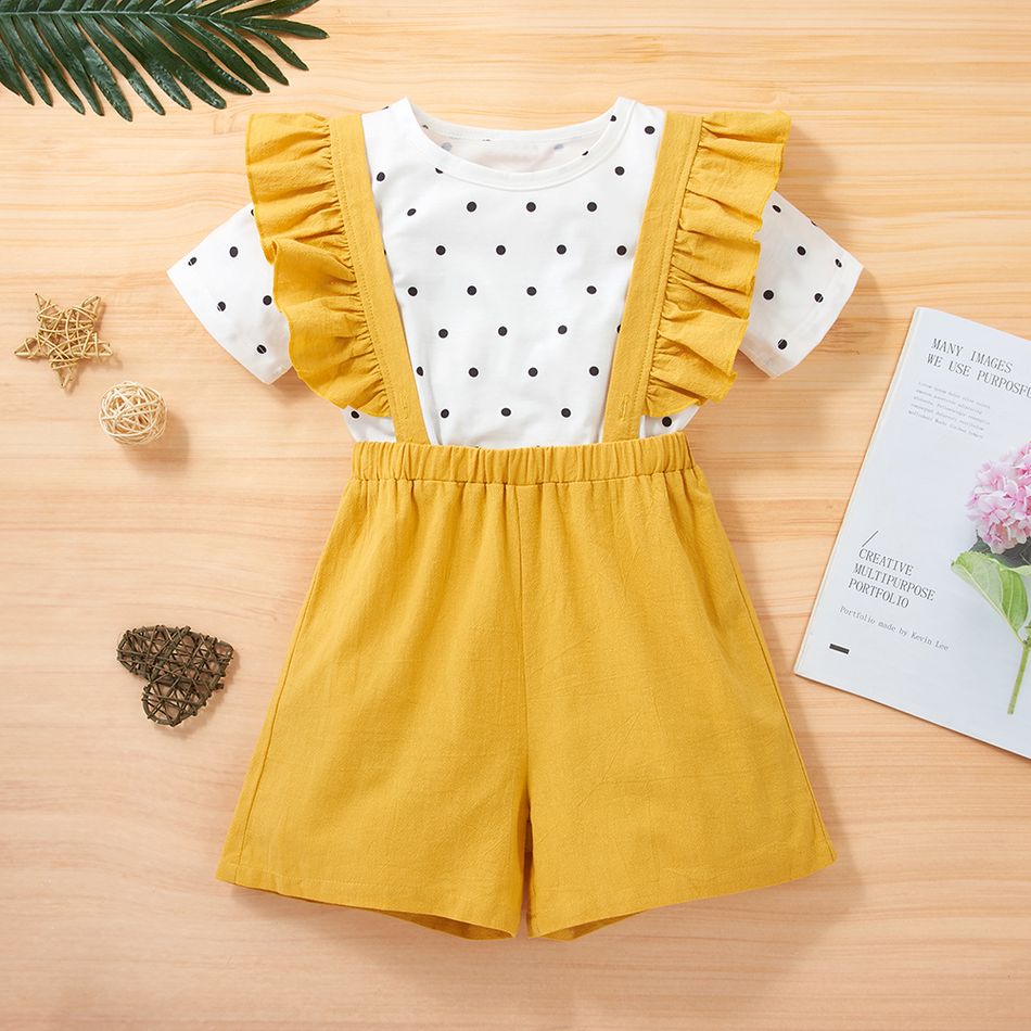 Fashionable Kid Girl Polka Dot T-shirt Suspender Shorts 2-piece Set Yellow