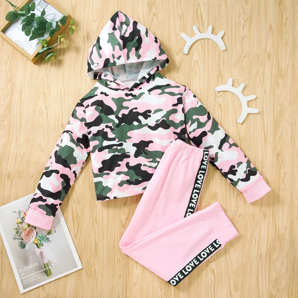 Stylish Kid Girl Camouflage Hoodie Letter Print Pants 2pcs Sporty Casual Set Pink