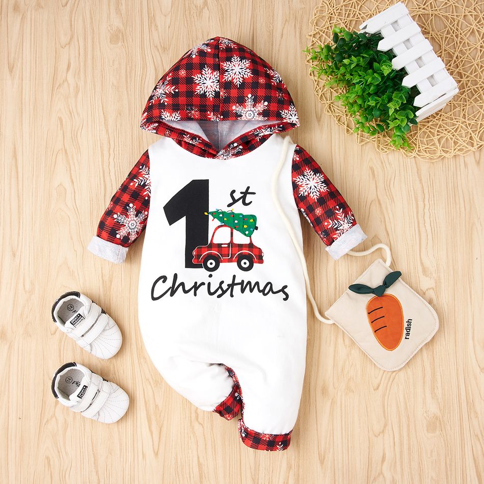 Christmas Snowflake Plaid Long-sleeve Baby Hooded Jumpsuits White