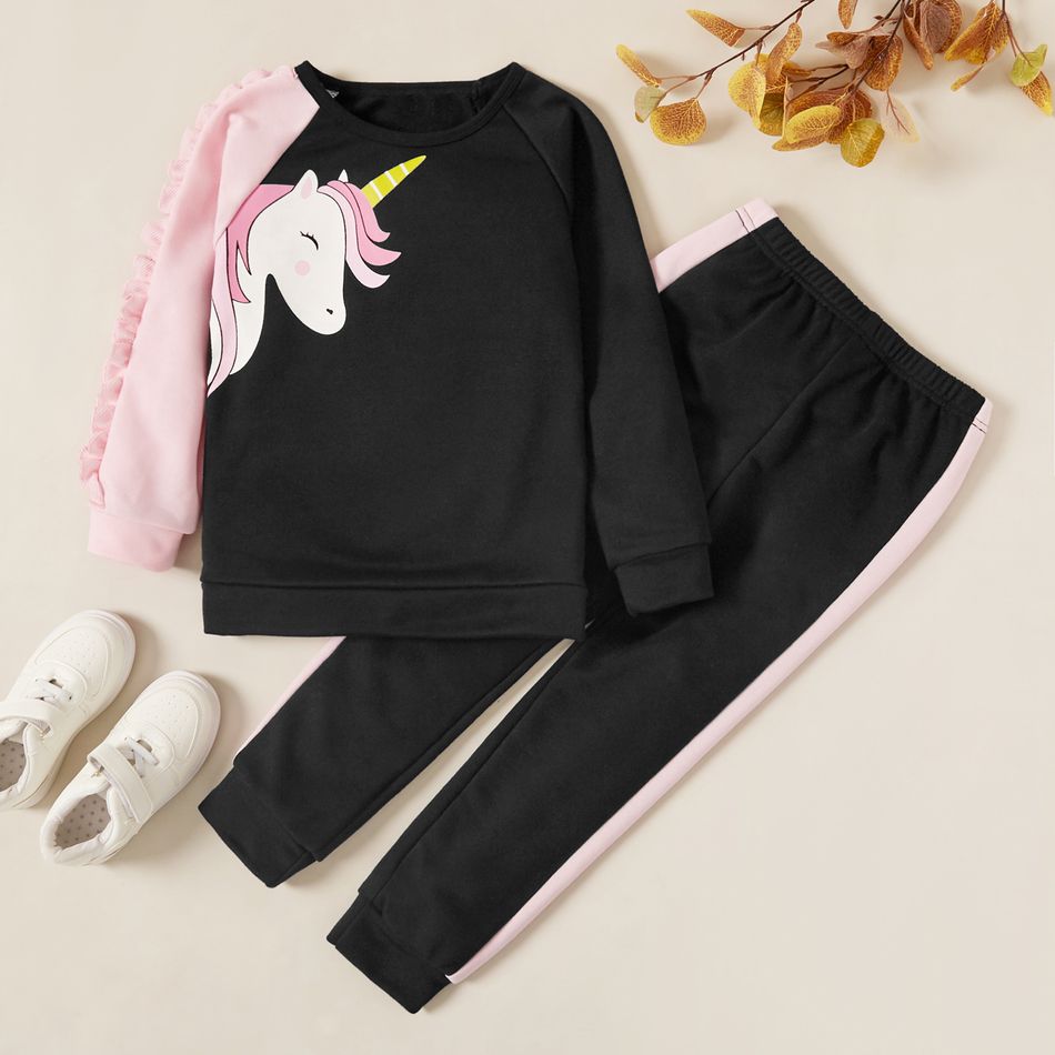 2-piece Kid Girl Unicorn Print Ruffled Colorblock Pullover Sweatshirt and Elasticized Pants Set Black big image 1