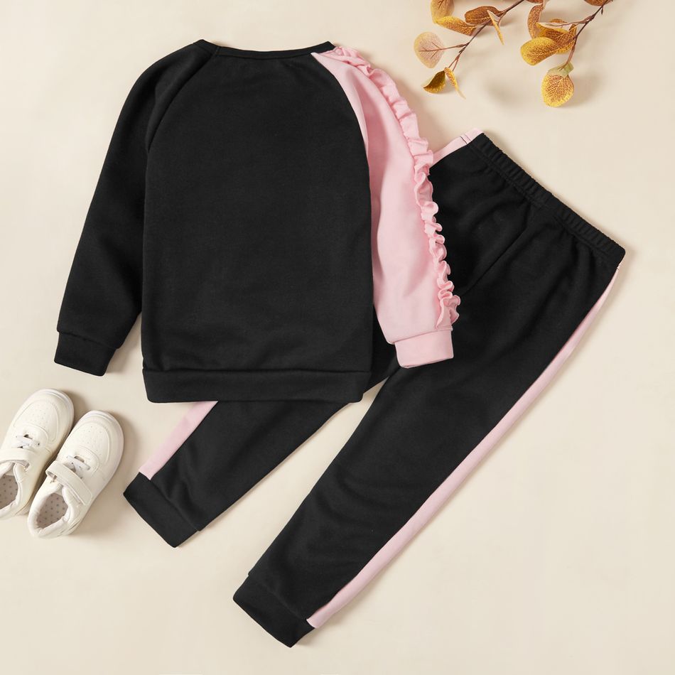 2-piece Kid Girl Unicorn Print Ruffled Colorblock Pullover Sweatshirt and Elasticized Pants Set Black big image 2