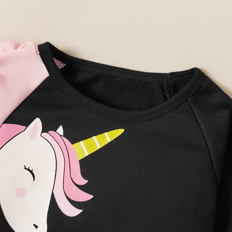 2-piece Kid Girl Unicorn Print Ruffled Colorblock Pullover Sweatshirt and Elasticized Pants Set Black big image 3