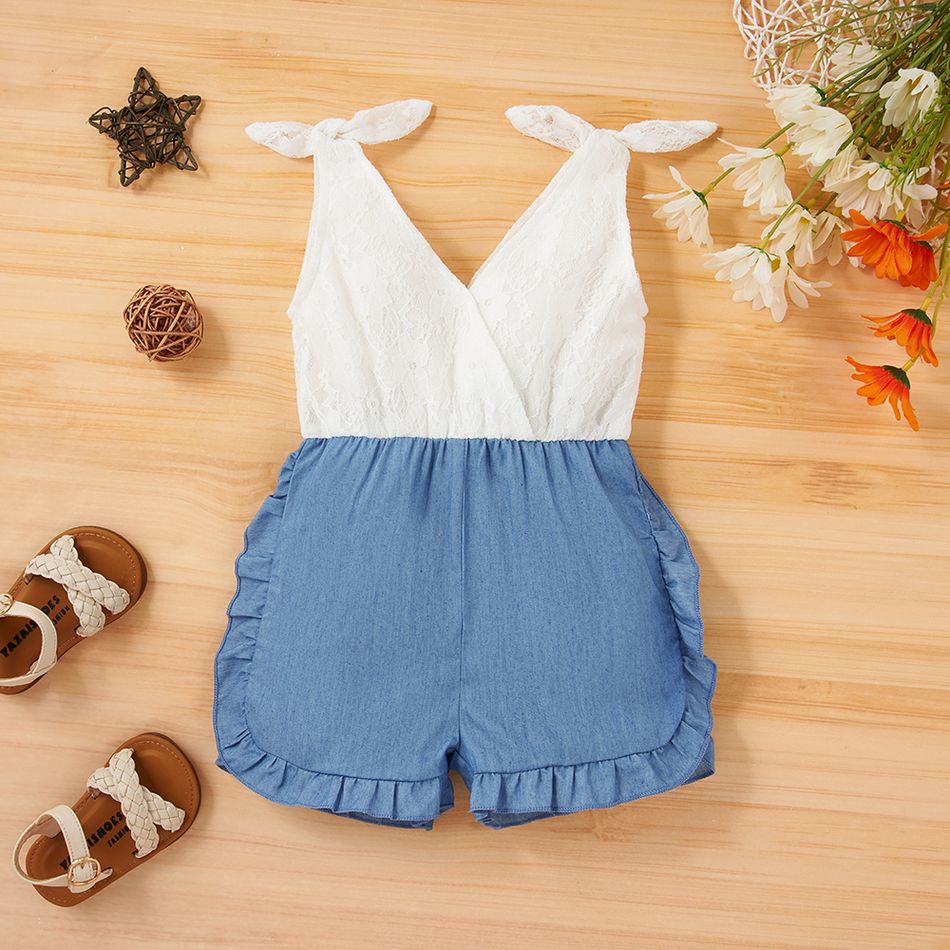 Denim Ruffle and Bow Decor Sleeveless White Baby Romper White