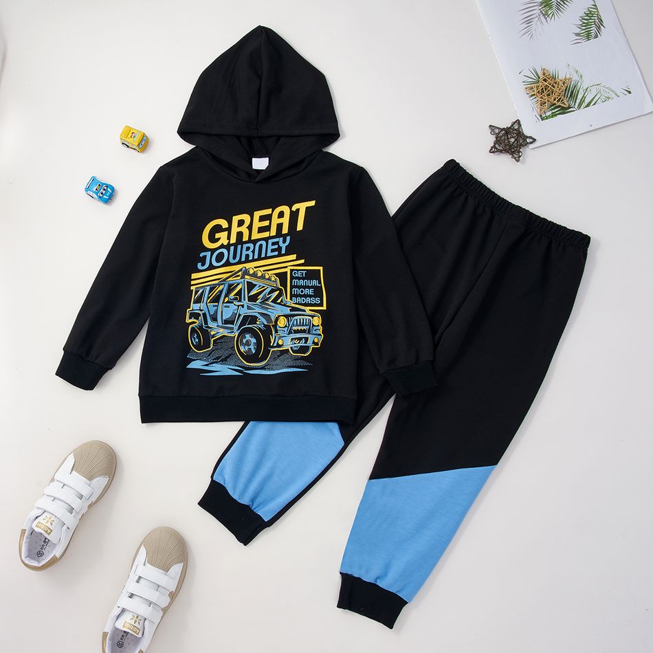 2-piece Kid Boy Letter Vehicle Print Hoodie Sweatshirt and Colorblock Elasticized Pants Set Black