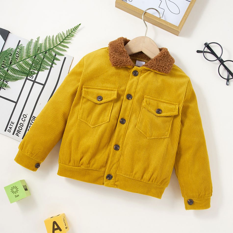 Kid Boy Fuzzy Lapel Collar Button Design Coat Jacket Yellow