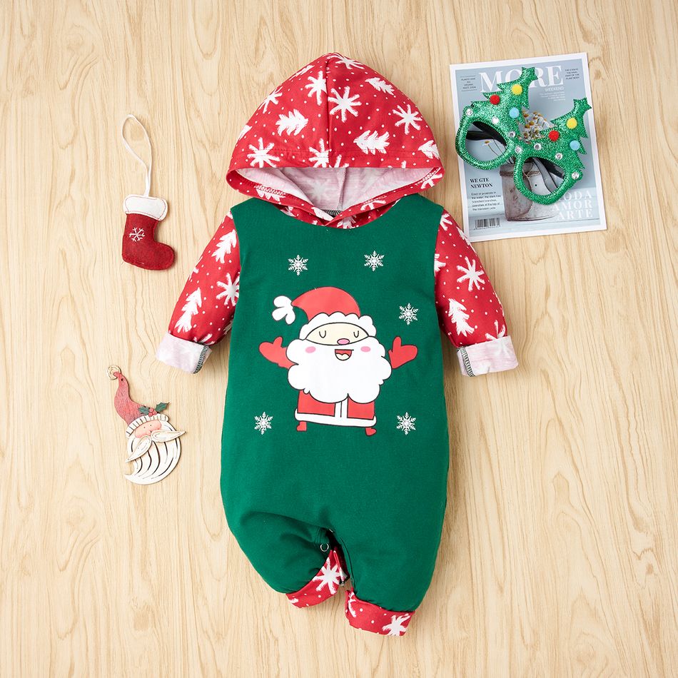 Christmas Santa and Snowflake Print Baby Boy/Girl Splicing Long-sleeve Hooded Cotton Jumpsuit Green