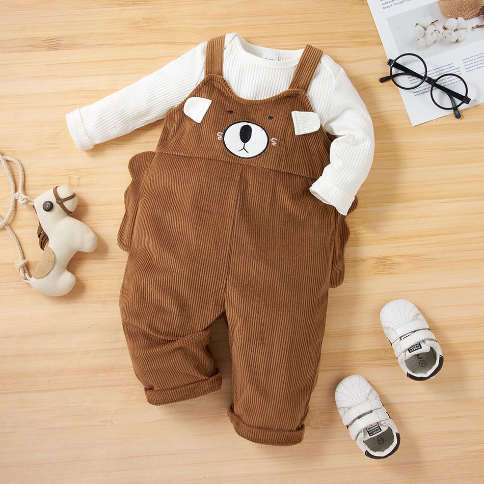 2pcs Baby Long-sleeve Ribbed Romper and Cartoon Bear 3D Ears Corduroy Overalls Set Brown