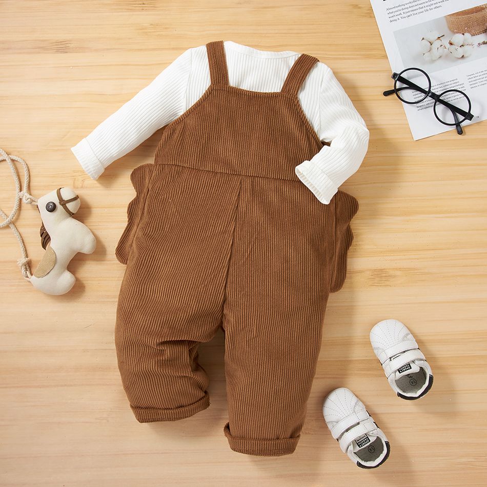 2pcs Baby Long-sleeve Ribbed Romper and Cartoon Bear 3D Ears Corduroy Overalls Set Brown big image 3