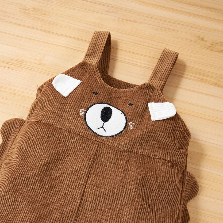 2pcs Baby Long-sleeve Ribbed Romper and Cartoon Bear 3D Ears Corduroy Overalls Set Brown big image 4