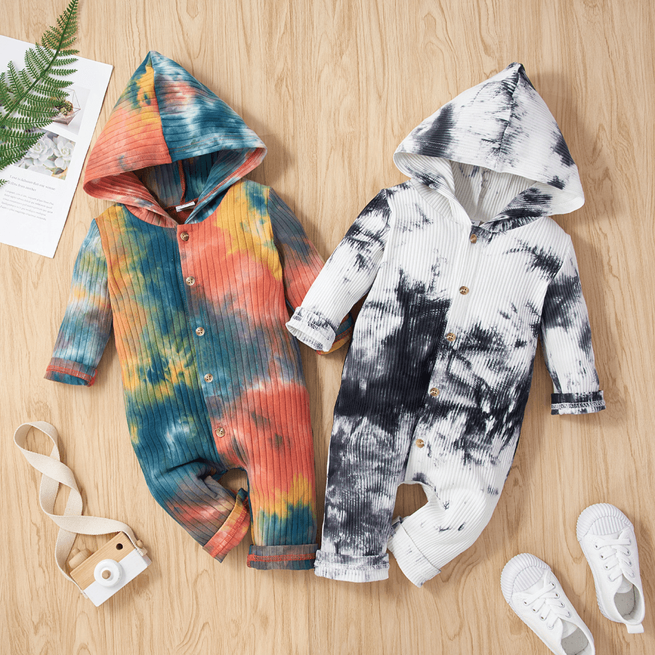 Ribbed Tie Dyed Hooded Long-sleeve Baby Jumpsuit Grey big image 7
