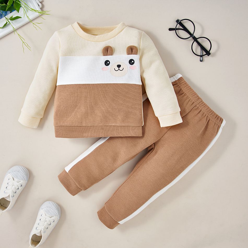 2pcs Baby Boy Cartoon Animal Print Colorblock Long-sleeve Sportswear Top and Trousers Set Khaki