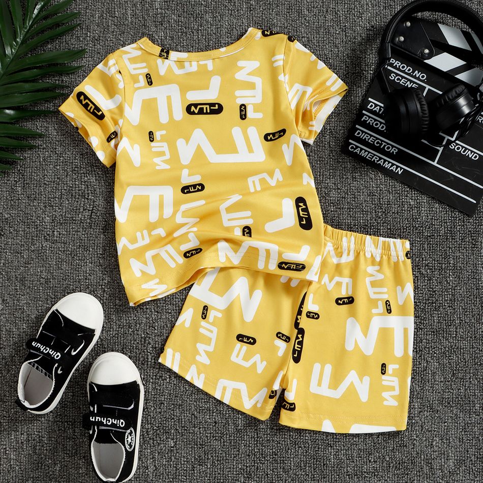 2pcs Baby Boy/Girl All Over Letter Print Yellow Short-sleeve T-shirt and Shorts Set Yellow big image 2