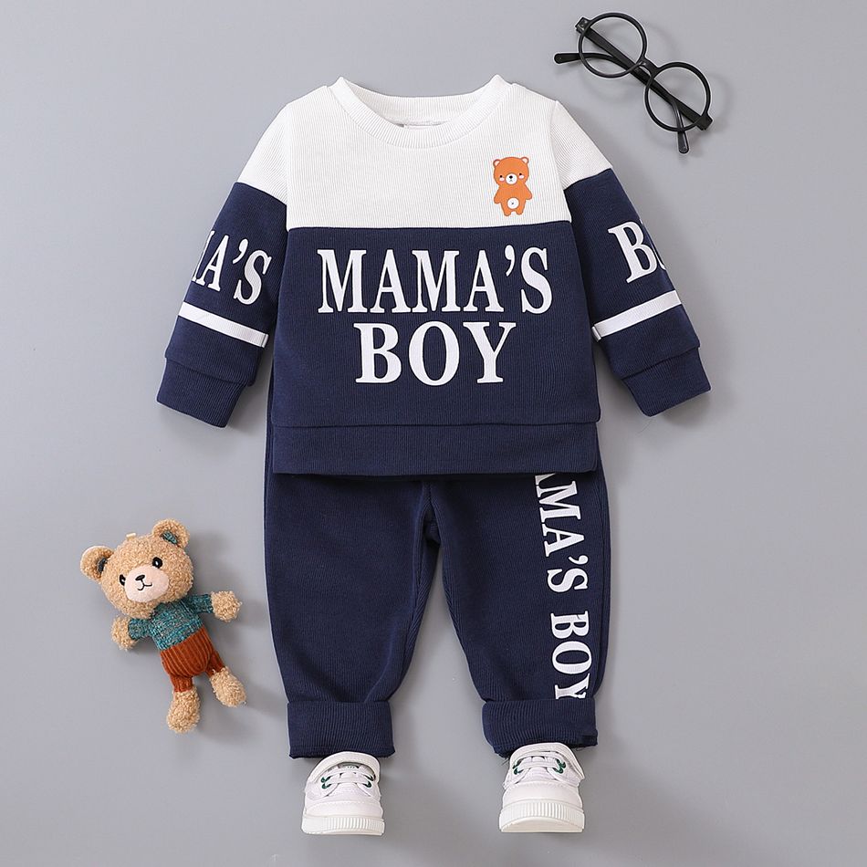 2pcs Baby Boy Cartoon Bear & Letter Print Colorblock Long-sleeve Sweatshirt and Sweatpants Set Dark Blue/white