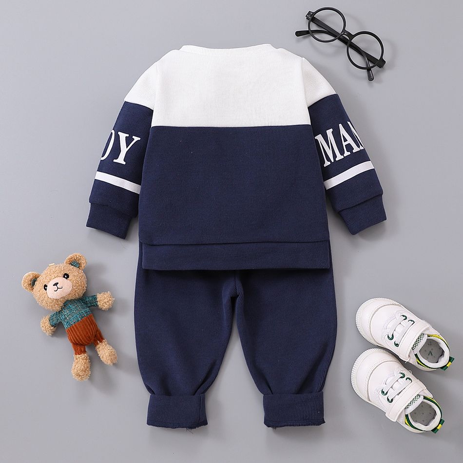 2pcs Baby Boy Cartoon Bear & Letter Print Colorblock Long-sleeve Sweatshirt and Sweatpants Set Dark Blue/white big image 2