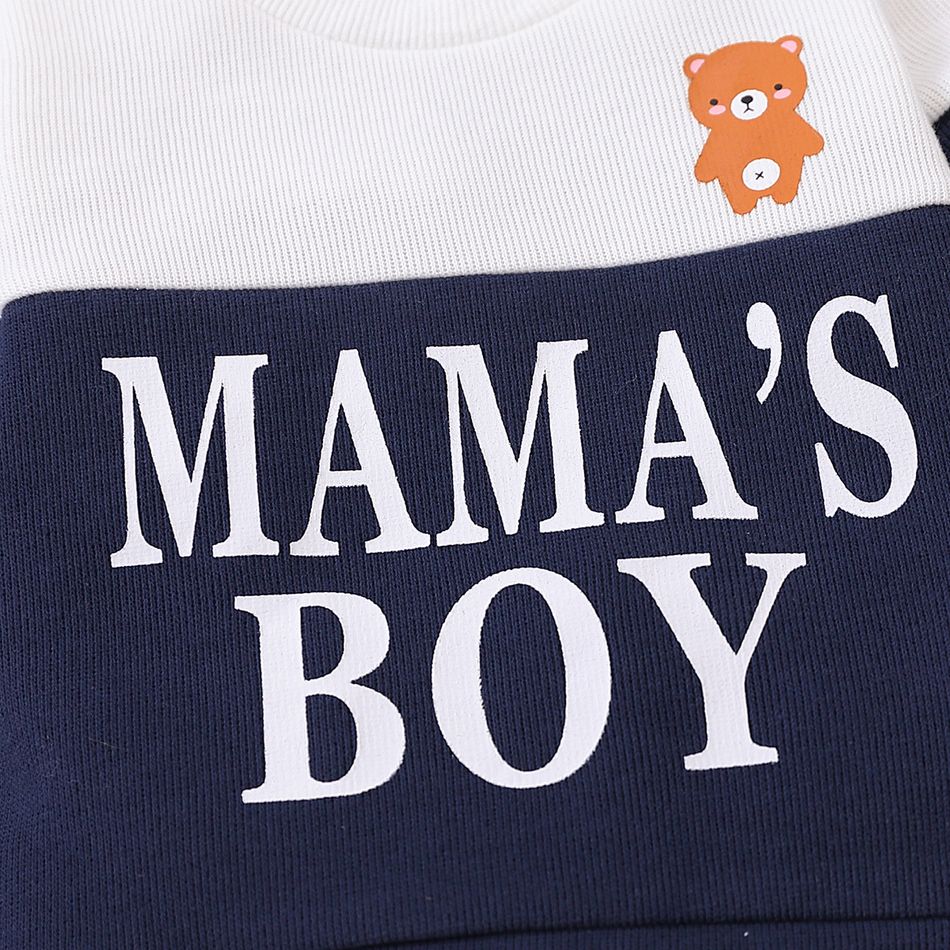 2pcs Baby Boy Cartoon Bear & Letter Print Colorblock Long-sleeve Sweatshirt and Sweatpants Set Dark Blue/white big image 4