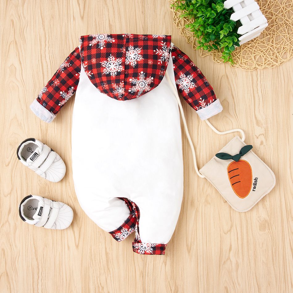 Christmas Baby Boy/Girl 95% Cotton Snowflake & Plaid Print Hooded Long-sleeve Graphic Jumpsuit White big image 2