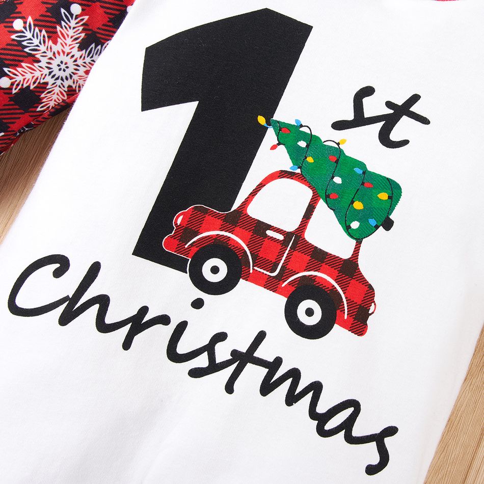 Christmas Baby Boy/Girl 95% Cotton Snowflake & Plaid Print Hooded Long-sleeve Graphic Jumpsuit White big image 4
