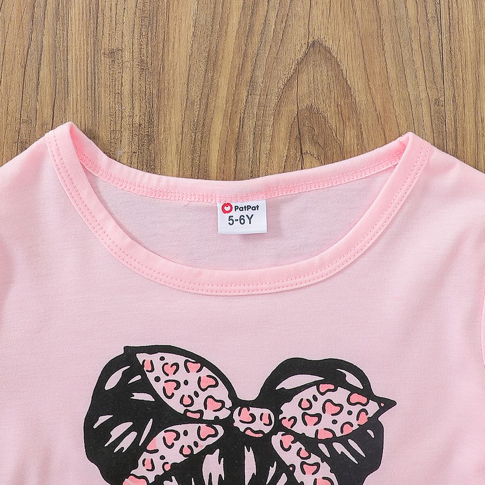 2pcs Kid Girl Figure Print Long-sleeve Pink Tee and Belted Ripped Denim Jeans Set Pink big image 3