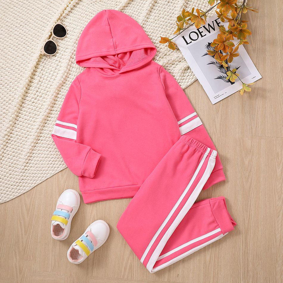 2pcs Kid Girl Striped Pink Hoodie Sweatshirt and Pants Set Pink