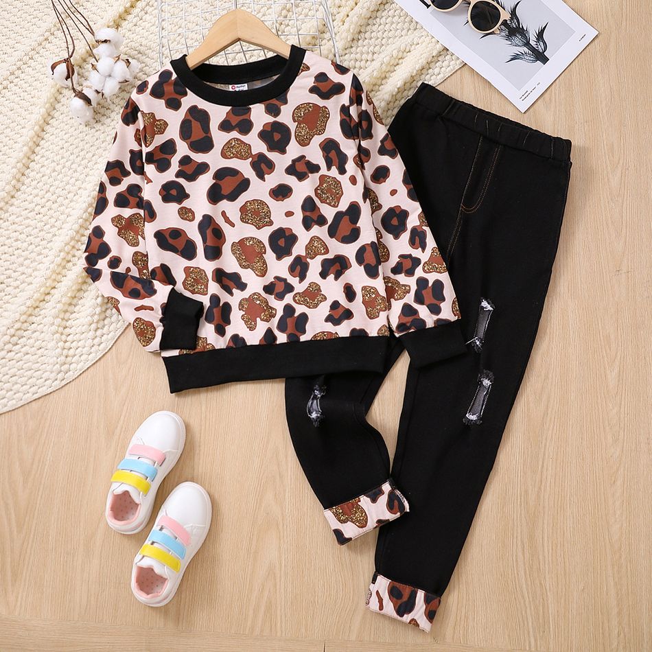2pcs Kid Girl Leopard Print Pullover Sweatshirt and Ripped Denim Jeans Set Black