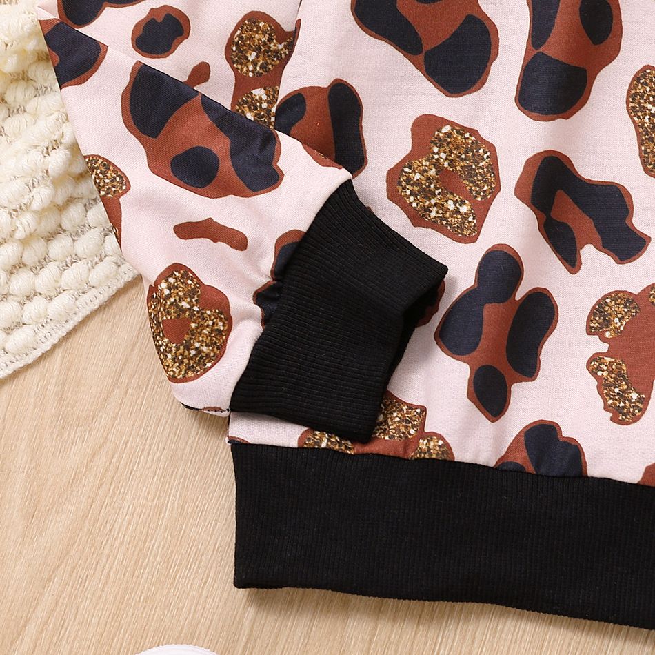 2pcs Kid Girl Leopard Print Pullover Sweatshirt and Ripped Denim Jeans Set Black big image 4