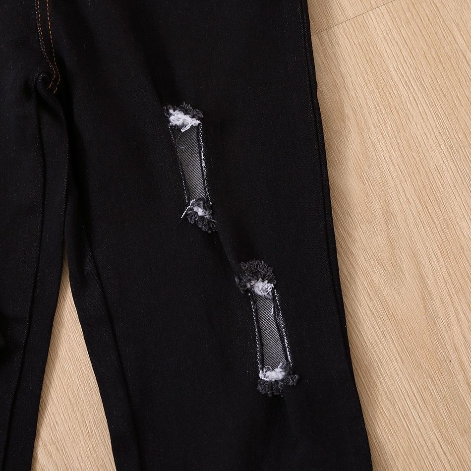 2pcs Kid Girl Leopard Print Pullover Sweatshirt and Ripped Denim Jeans Set Black big image 6