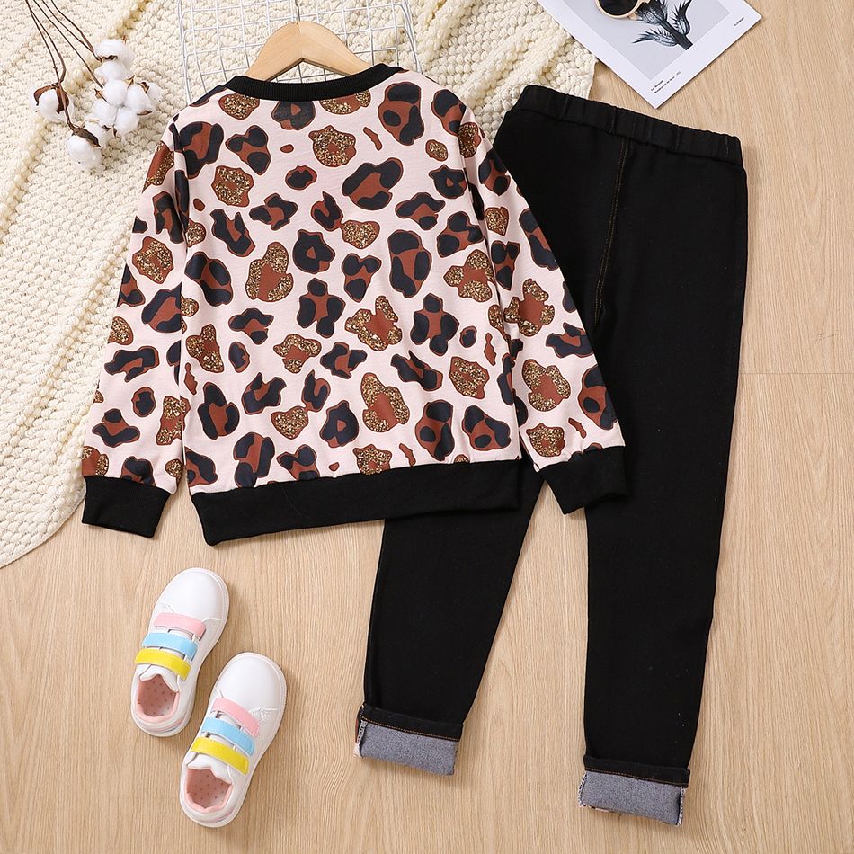 2pcs Kid Girl Leopard Print Pullover Sweatshirt and Ripped Denim Jeans Set Black big image 7