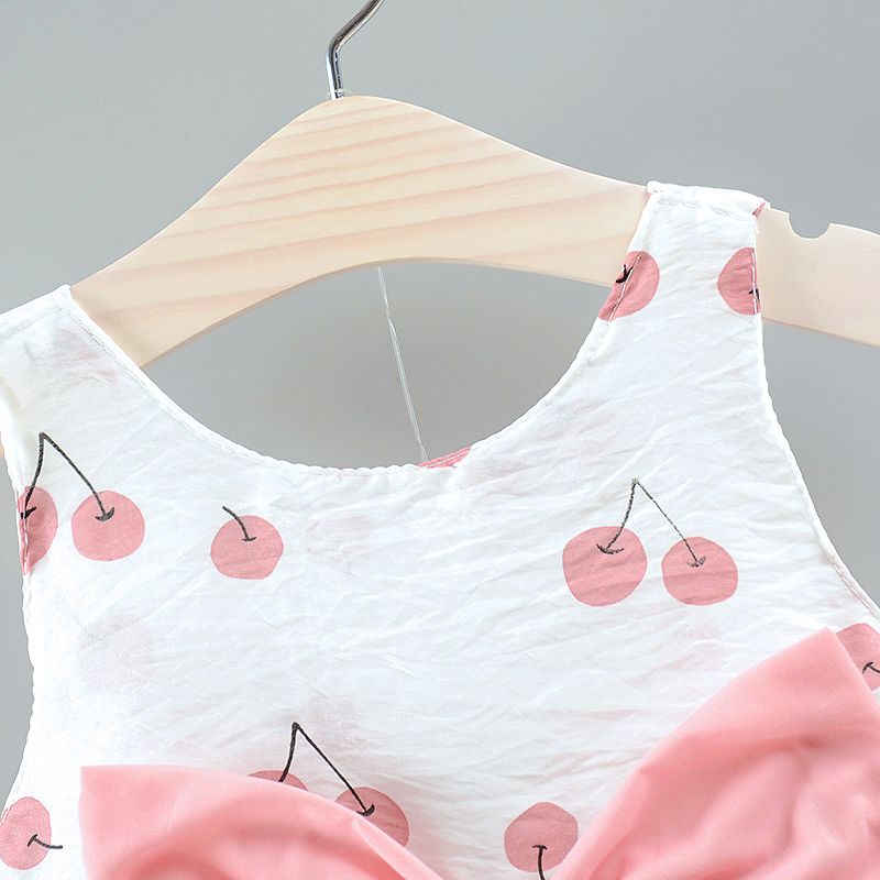 2pcs Cherry Print Bowknot Decor Sleeveless Baby Set Pink big image 3