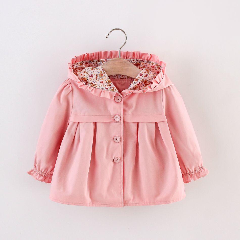 Baby Girl Solid or Floral Print Ruffle Trim Hooded Single Breasted Coat Pink