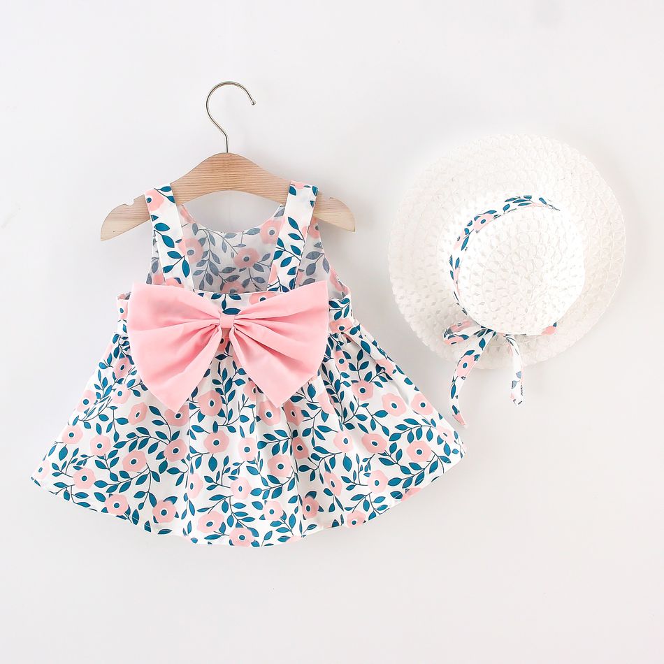 2pcs Floral Print Bowknot Sleeveless Baby Dress Pink