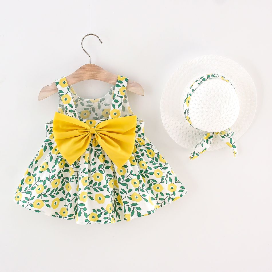 2pcs Floral Print Bowknot Sleeveless Baby Dress