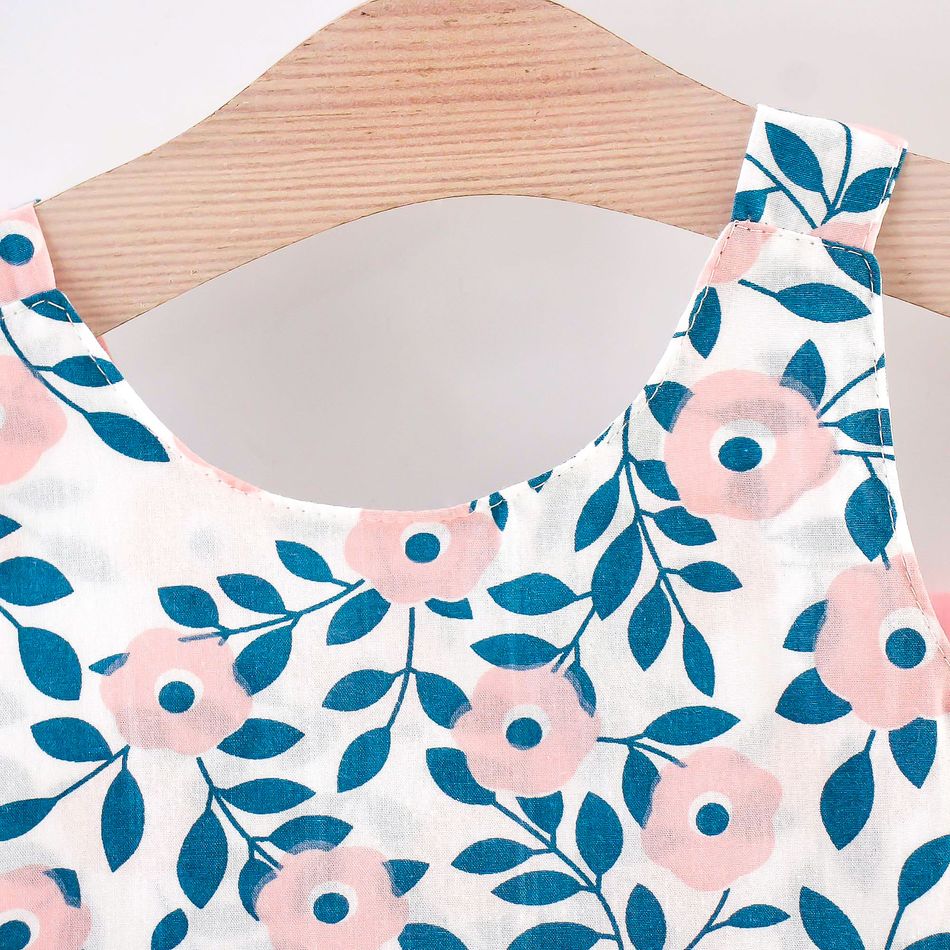 2pcs Floral Print Bowknot Sleeveless Baby Dress & Hat Set Pink big image 3