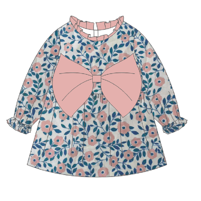 2pcs Floral Print Ruffle Bowknot Long-sleeve Baby Dress and Hat Set Yellow