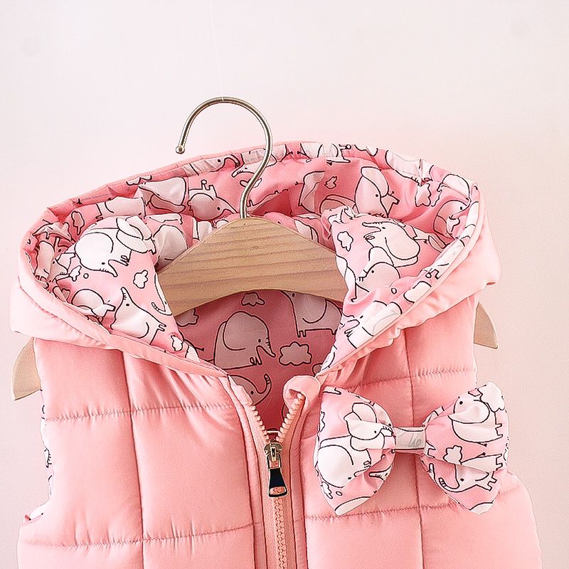 Floral Print Allover Bow Decor Hooded Sleeveless Pink Baby Coat Jacket Pink big image 2