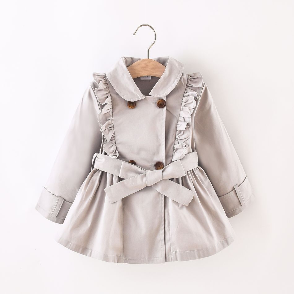Toddler Girl Doll Collar Ruffled Double Breasted Belted Trench Coat Light Grey