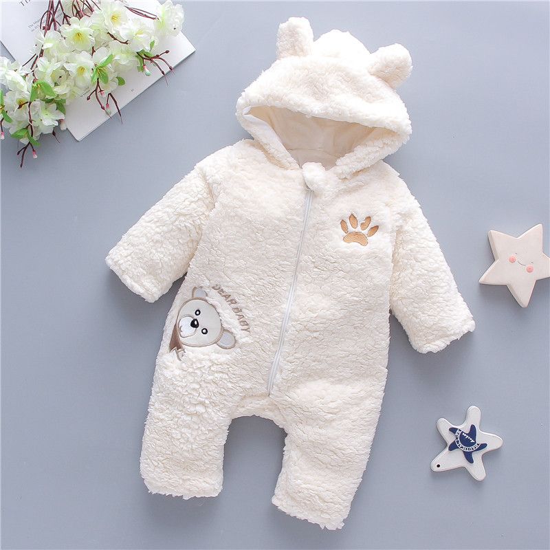 Bear Embroidered Hooded 3D Ear Decor Fluffy Long-sleeve White or Khaki or Brown Baby Jumpsuit White
